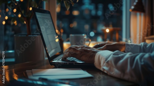 Nighttime laptop, hands, and professional typing journalist narrative, customer experience review, and copywriting. Editors and reporters verify web articles, press releases, and news editing. photo