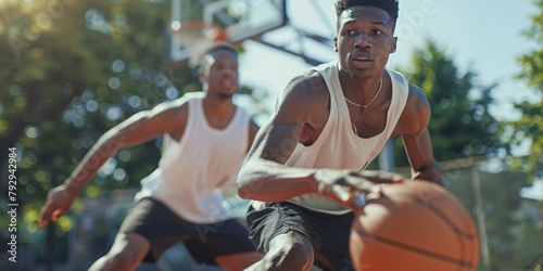 Outdoor basketball, competitive sports, and practice with men, players, or friends. Fitness and ballplaying athletes attempting to score photo