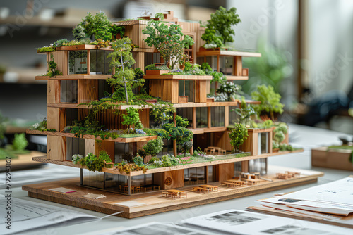 A conceptual model of an apartment complex made from wood, showcasing multiple pavilions with balconies arranged in layers on top of each other to create the three-dimensional structure. 