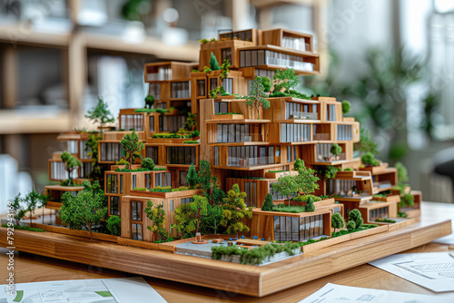 Wooden architecture model of a multistory residential building with rooftop gardens, on a wood base, in a modern style. Created with Ai photo