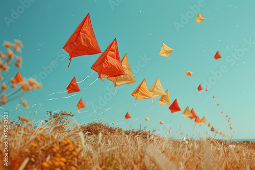 A scene depicting a clear blue sky interrupted by a series of triangular kites, their colors vivid a