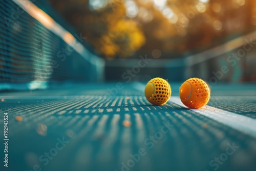 Pickleball is racket or paddle sport in which two singles or four doubles players hit a perforated hollow plastic ball. Players on pickleball court photo