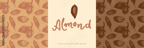 Almond seamless pattern with hand-drawn illustrations of almond nuts for web banner, oil packaging or marzipan paste label design. Vector floral sketches background, almond ornament. Organic product.
