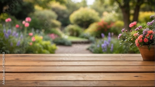 Empty wooden table top with blurred beautiful Garden in spring. for display or montage your products. digital ai