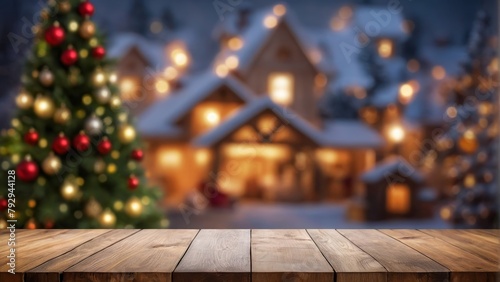 Empty wooden table top with blur of room with a christmas tree background. for display or montage your products. digital ai