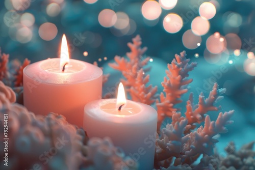 Tranquil candles on coral, with gentle bokeh orbs floating nearby.