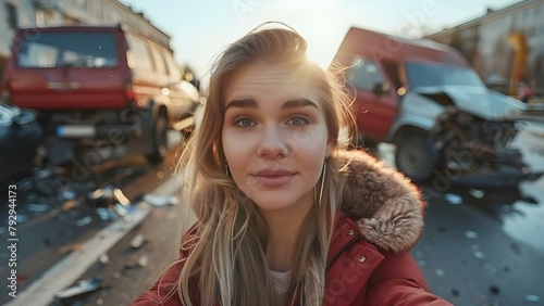 Young woman's social media addiction apparent as she pauses to take a selfie at an accident. Concept Social Media Addiction, Selfie Culture, Technology Overuse, Generation Z Behavior, Ethical Dilemma photo