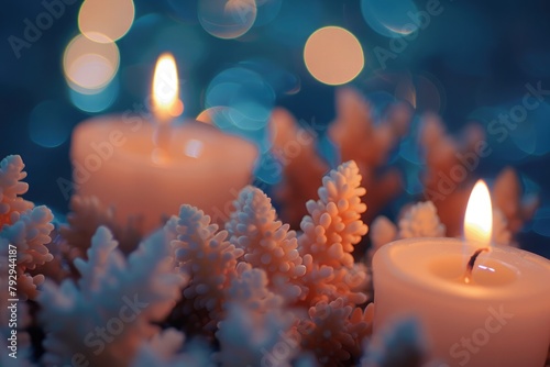 Tranquil candles on coral, with gentle bokeh orbs floating nearby.