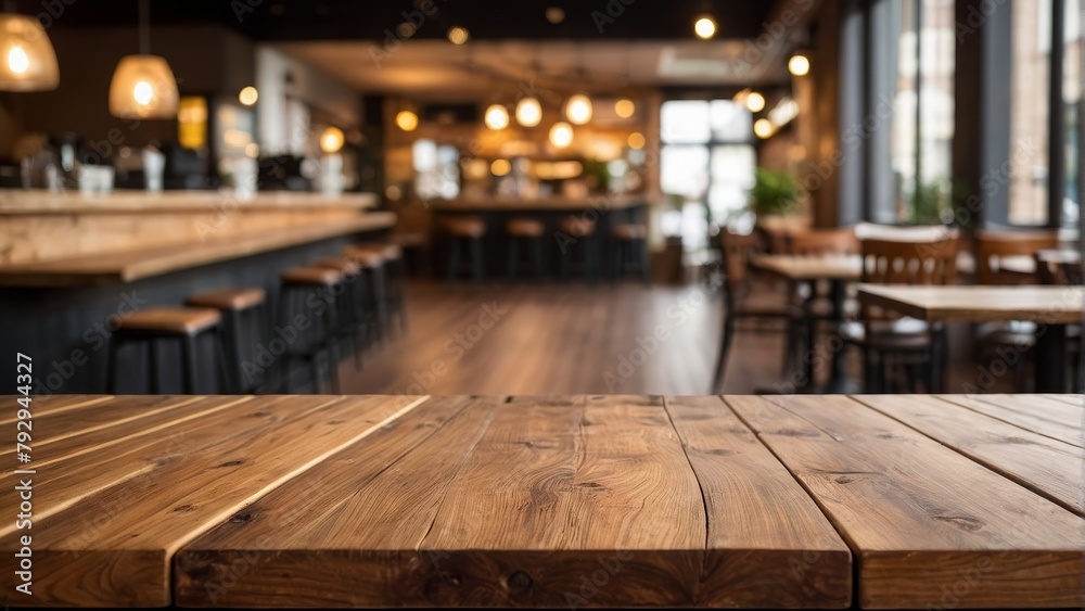 Empty wooden table top with blurred coffee shop and restaurant interior background. for display or montage your products. digital ai