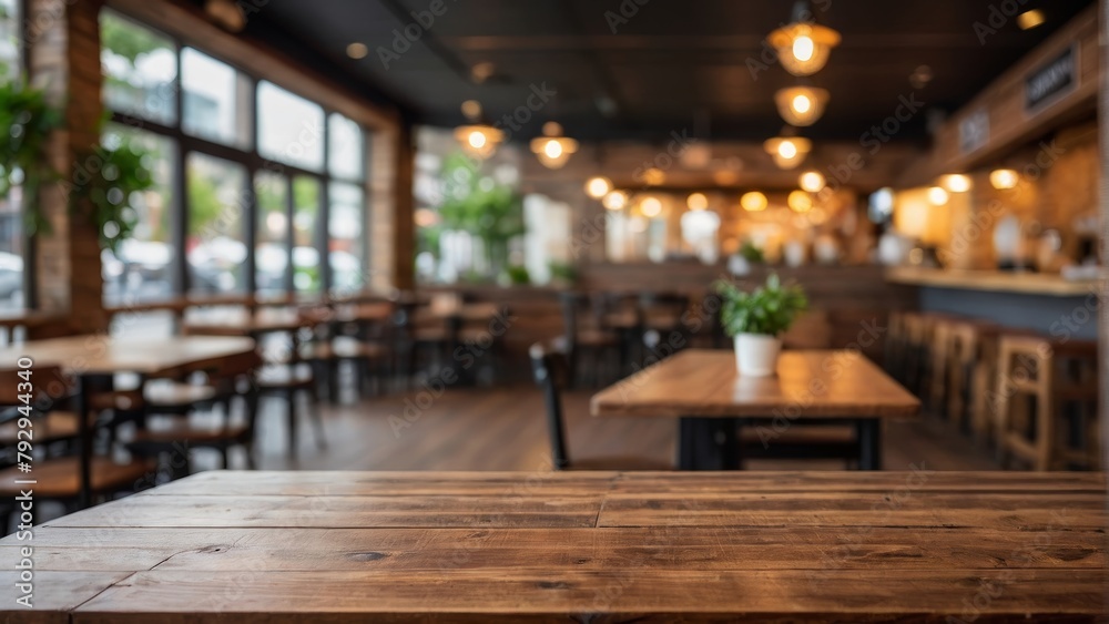 Empty wooden table top with blurred coffee shop and restaurant interior background. for display or montage your products. digital ai