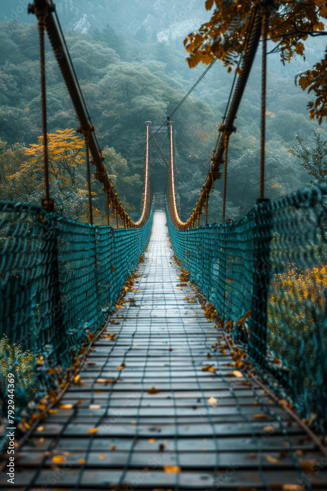 Obraz premium A scene depicting a minimalist bridge, where a thin, flat walkway is supported by sparse, evenly spa