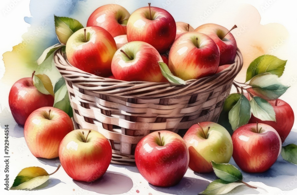 basket of fresh apples isolated on white background, watercolor. red fruits on white backdrop. basket of fresh apples isolated on white background, watercolor. red fruits on white backdrop.