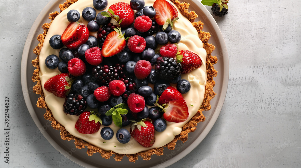 Elevate your dessert experience with our exquisite creation featuring a graham cracker crust filled with a delicate vanilla custard and adorned with a vibrant assortment of fresh berries. Elevate your dessert experience with our exquisite creation featuring a graham cracker crust filled with a delicate vanilla custard and adorned with a vibrant assortment of fresh berries.