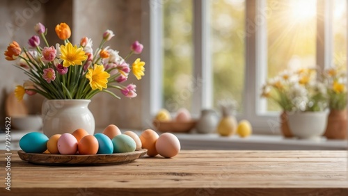 Empty wooden table top with easter table background in front of blurred multicolor flowers and eggs on sunny kitchen window sill. for display or montage your products. digital ai