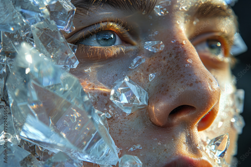 An experimental series where portraits are projected onto 3D models of crystals, the facets distorti An experimental series where portraits are projected onto 3D models of crystals, the facets distorti