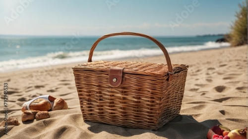 Beach Basket: A handmade wicker container, empty and isolated on the sandy shore, perfect for a summer picnic