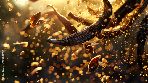 Illustration of a spice, scene of delicious vanilla beans exploding in the air, close-up, beautiful sunlight, unusual picture.