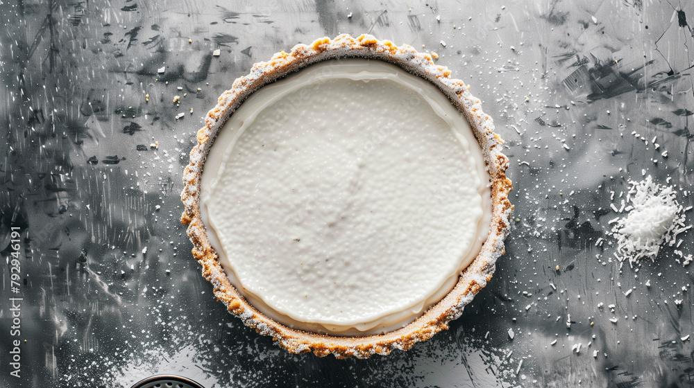 Indulge in the exquisite delight of a sumptuous graham cracker crust filled with velvety smooth and luxuriously rich coconut cream. This tantalizing dessert is showcased against a sophisticated grey 
