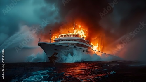 Tragic maritime incident: Ocean liner ship on fire in turbulent seas. Concept Maritime Disaster, Ocean Liner Fire, Turbulent Seas, Tragedy at Sea