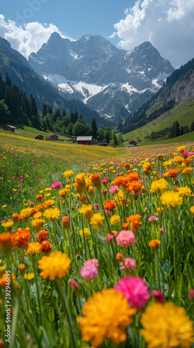 Alpenwiese. Berge im Hintergrund. schneebedeckte Gipfel. Sommer. Sonne. schönes Wetter, Blumenwiese © Fatih
