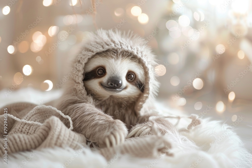 Fototapeta premium This baby sloth, snug in a wintry hood, revels in the festive season