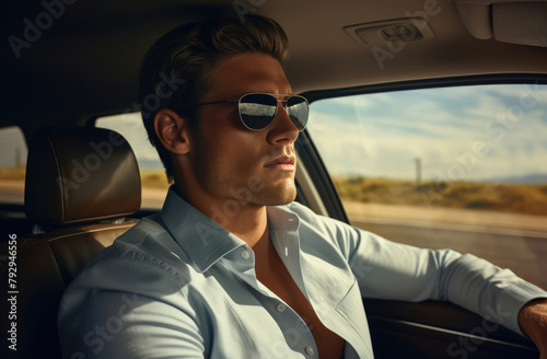 Sharp man with sunglasses driving, serene desert highway in background. © Sascha