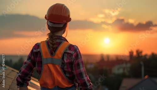 Female Worker at Sunset on Construction Site, Reflective Evening Mood