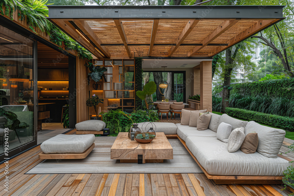 A modern outdoor living area with an oversized sofa and chairs under the shade of a wooden roof, surrounded by lush greenery. Created with Ai