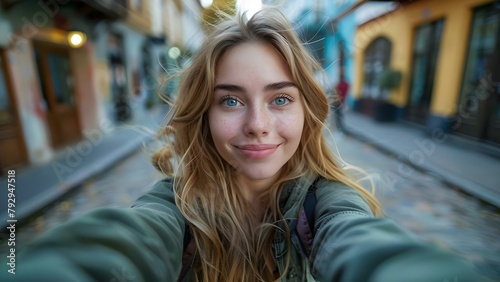 A young womans social media addiction is highlighted as she takes selfies. Concept Social Media Addiction, Selfie Obsession, Technology Overuse, Digital Lifestyle, Millennial Behavior photo