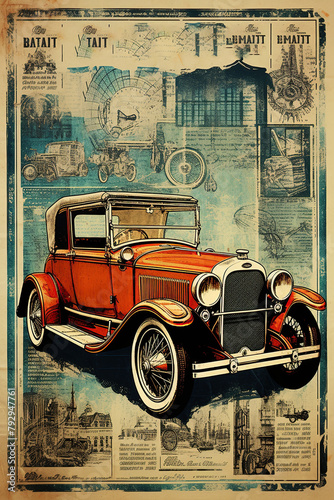 Vintage car poster in style of Art Brut. Ai Generative