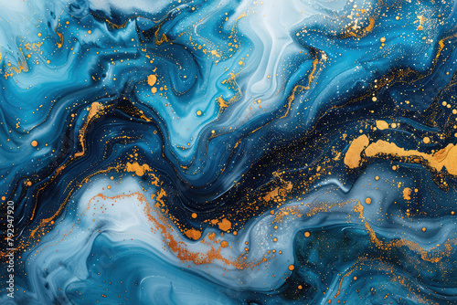A closeup of swirling marble patterns in shades of blue and gold, resembling an ocean with golden splashes, set against a white background. Created with Ai