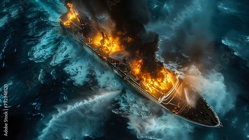 Tragic Incident: Ocean Liner Ship on Fire in Turbulent Waves. Concept Ship Fire, Ocean Disaster, Turbulent Waves, Tragic Incident photo