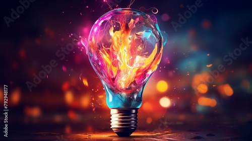 Lightbulb eureka moment with Impactful and inspiring artistic colourful explosion of paint energy. photo