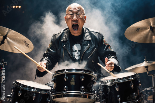 rock drummer in an aggressive attitude with the appearance of the Dalai Lama on stage between lights and smoke photo