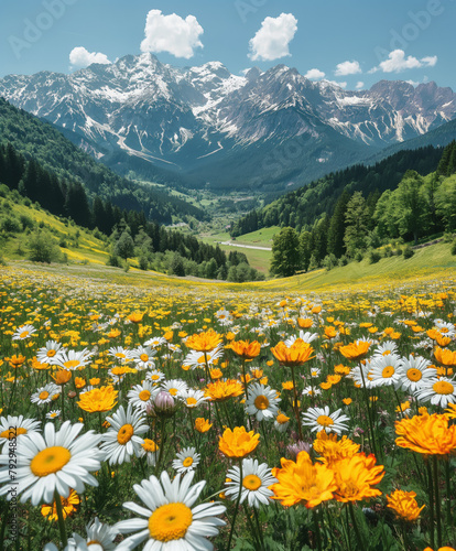 Alpenwiese. Berge im Hintergrund. schneebedeckte Gipfel. Sommer. Sonne. schönes Wetter, Blumenwiese © Fatih