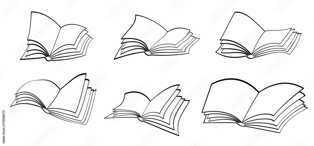 Obraz premium Cartoon open book and pages. Education concept. Line drawing. Opened books sign. Book store logo. Flying pages. World book day. Pencil with hand, line drawing.