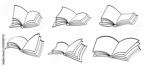 Cartoon open book and pages. Education concept. Line drawing. Opened books sign. Book store logo. Flying pages. World book day. Pencil with hand, line drawing.