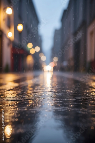 Blurred background with rain falling on the asphalt in a city
