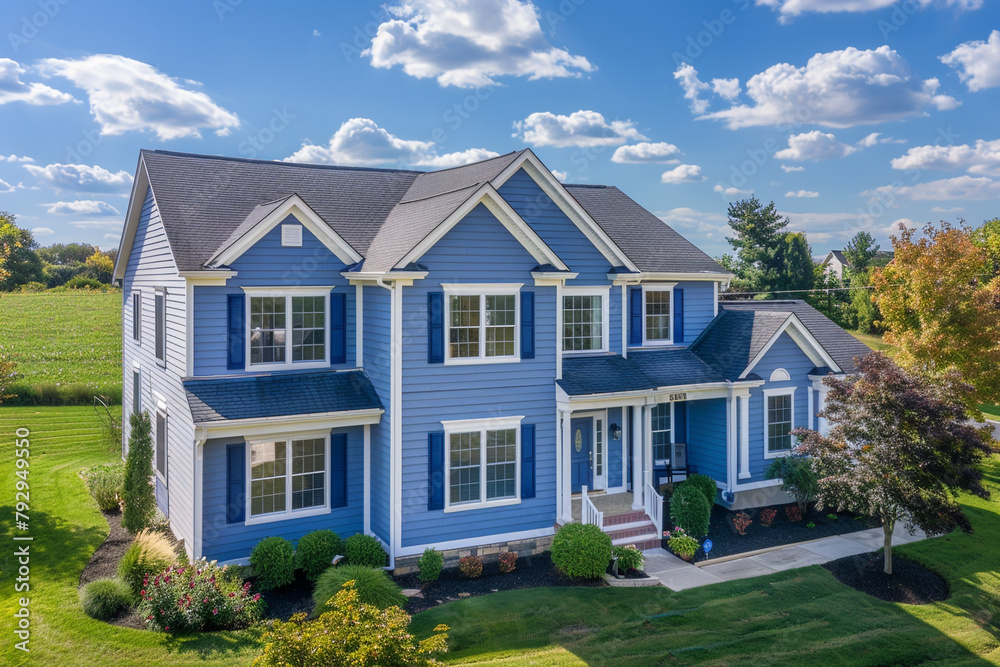 A wide-angle aerial shot showcases the serene periwinkle home adorned with siding and shutters, exuding charm amidst the tranquil surroundings of the suburban landscape on a sunny day.