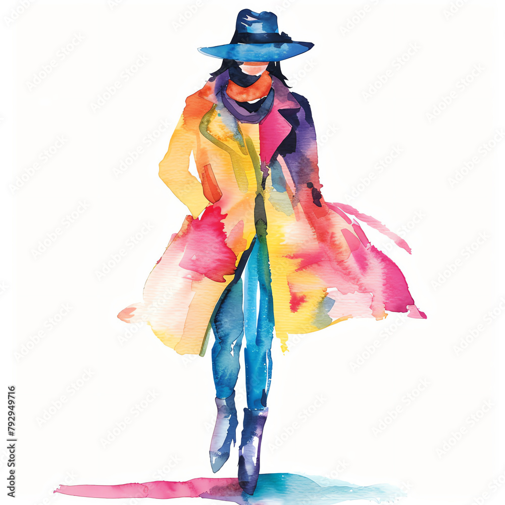 Minimalistic watercolor illustration of a fashion designer on a white background, cute and comical,