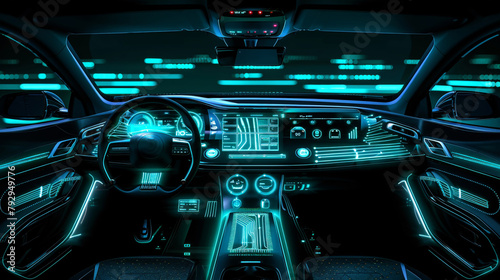 Future of driving with AI, car dashboard and controls, simple background, ample space for text