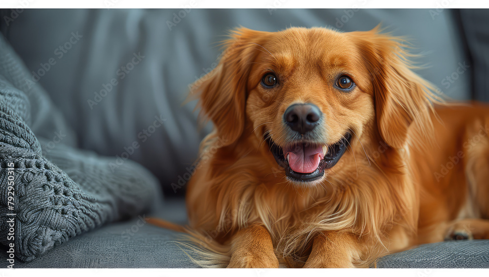 A happy golden retriever dog laying on the sofa at home, looking directly into the camera. Created with Ai