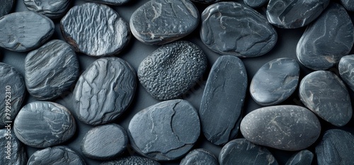 KSTop view of grey pebbles background flat lay copy spac