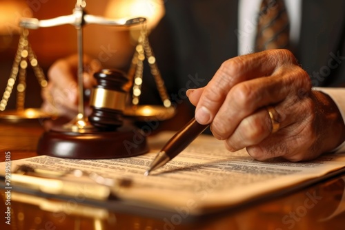 A man is writing on a piece of paper with a pen in front of a scale of justice