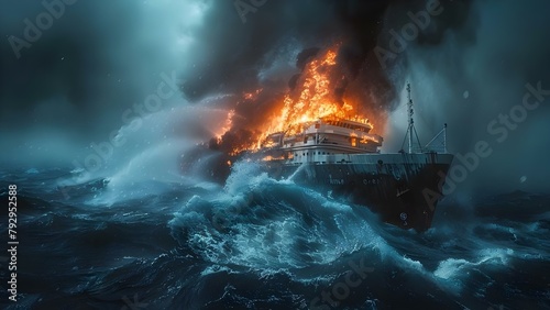 Ocean liner ship ablaze at sea in stormy conditions dramatic maritime disaster. Concept Shipwreck, Maritime Disaster, Ocean Storm, Dramatic Rescue, Sinking Ship