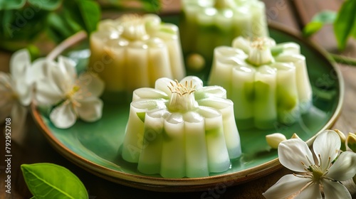 Thai dessert Khanom Chan, Exquisite layers of pandan-infused coconut cream jelly, meticulously arranged in a floral pattern, adorned with delicate jasmine blossoms. Generative ai illustration.