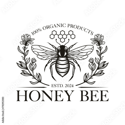 Hand Drawn Honey Bee with Flowers Logo Vector Illustration