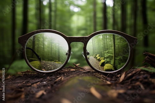 The concept of clarity of vision. Glasses in the forest. Transparency of forest freshness and transparency. photo