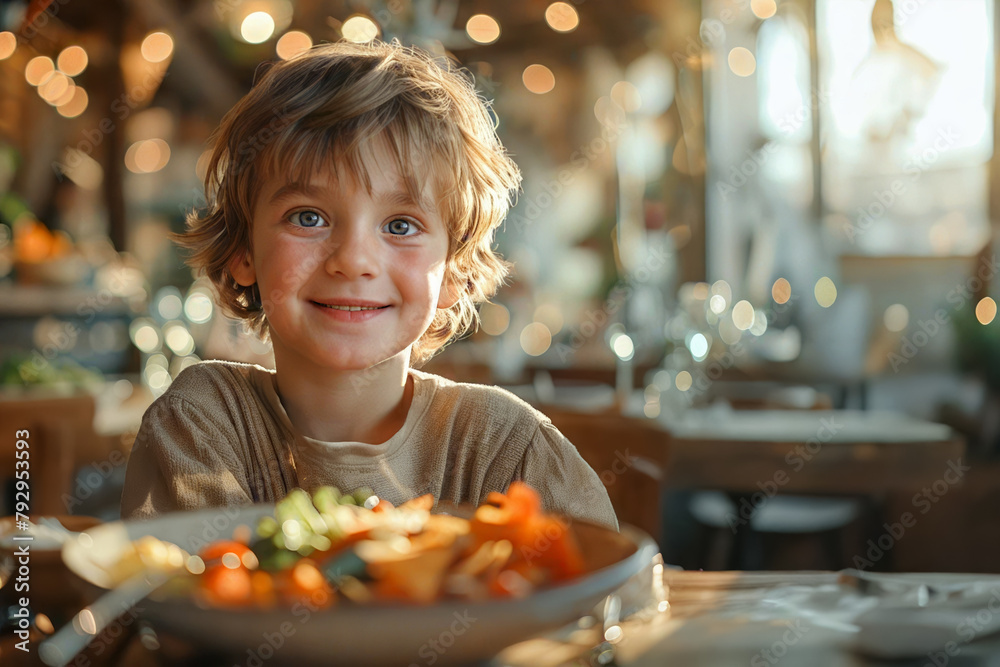 cute smiling boy eating vegetable salad in restaurant or cafe
