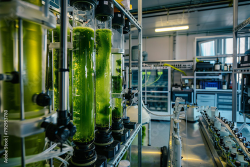 Detailed image of a lab exploring algae-based carbon capture technologies, focusing on photobioreactors and CO2 sequestration processes 32k, photo